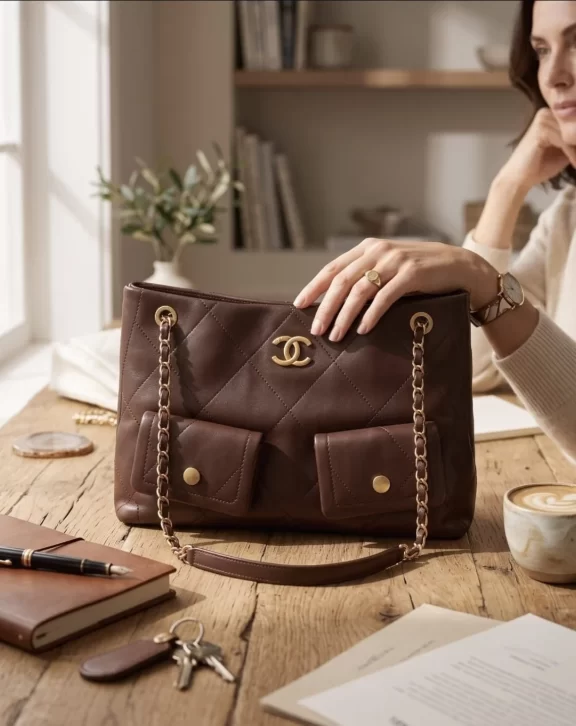Elegant quilted handbag featuring a classic structured design, gold-tone chain handles, front pockets, and detailed finishing. Comes with a brand-style dust cover and offers a sophisticated look for everyday and occasion wear.